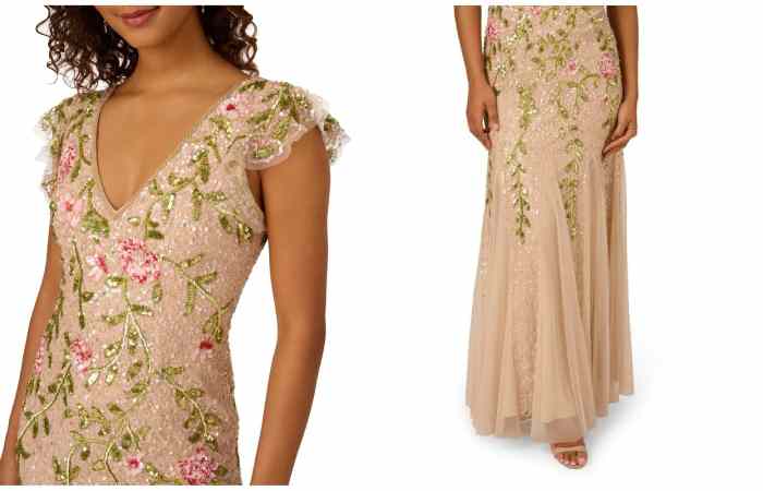 Adrianna Papell Women's Floral Beaded Godet Gown