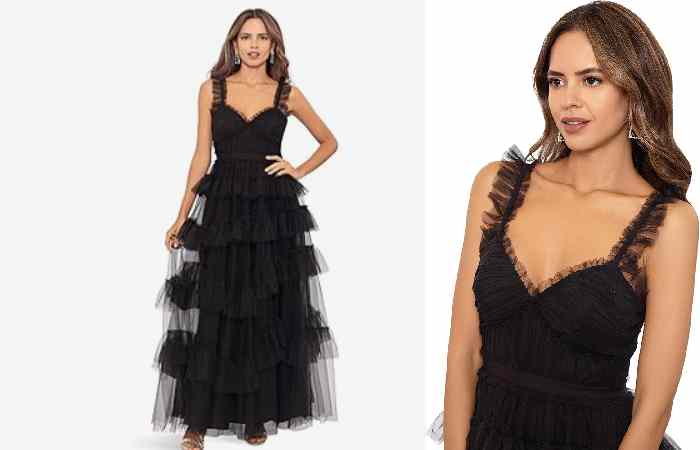 Betsy & Adam Long Ruffle Tier Mesh Dress Black 2