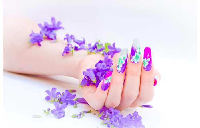 Purple Press on Nails Short Coffin Fake Nails Glossy Full Cover Glue on Nails with Roland Flower Designs