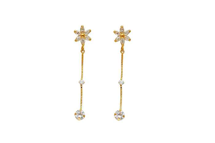 Solid 14k Yellow Gold Flower Dangle Earrings Round CZ Drops Floral Stud Posts w/ Chain Fancy 30 mm