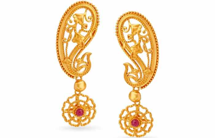 Tanishq Floral Paisley Gold Drop Earrings