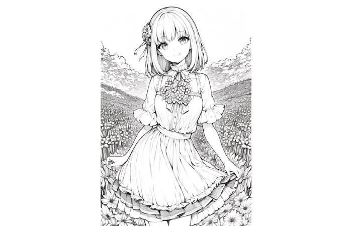 Fondo de ilustración de personaje de niña de dibujos animados lindo de anime de dibujo lineal de color sólido en blanco y negro | Imagen Premium generada con IA